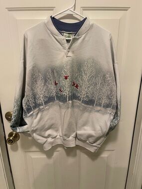 White & Navy Winter Tree Sweatshirt with Red Birds